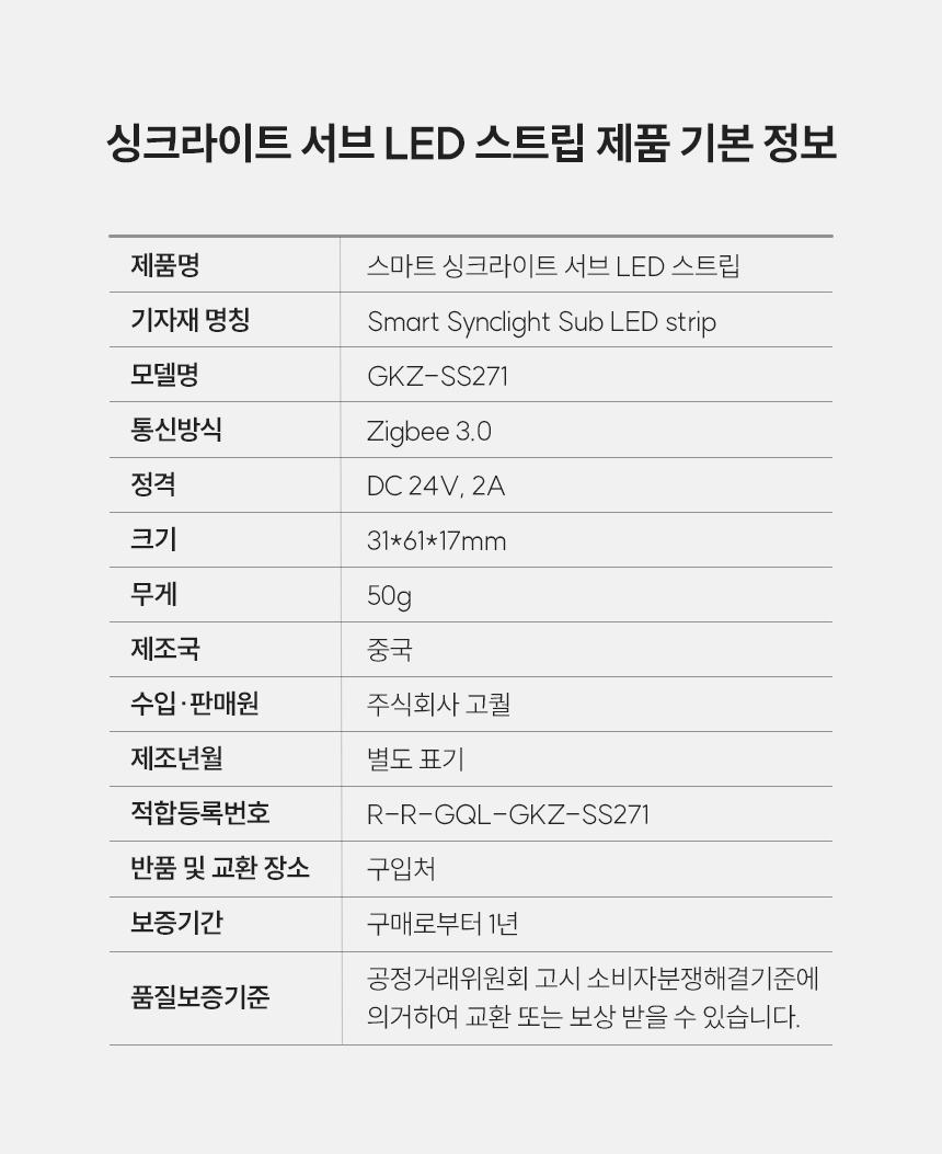 스마트 싱크라이트 서브 LED 스트립 제품 기본 정보